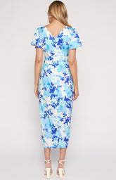 SOGNA COL Floral Butterfly Sleeve Dress with Tulip Hem SDR1332B